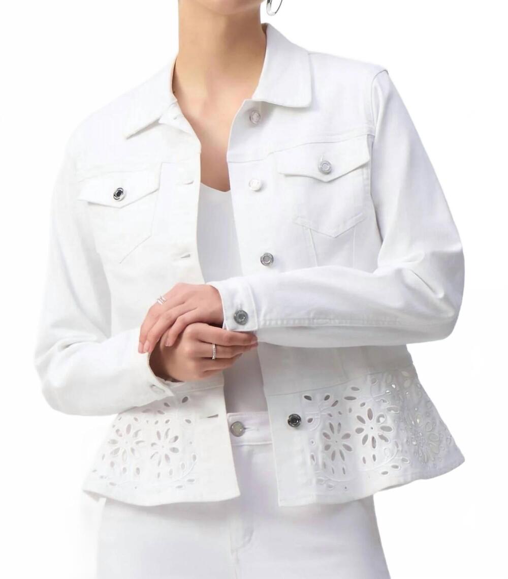 NEW JOSEPH RIBKOFF denim broderie anglaise jacket in white
